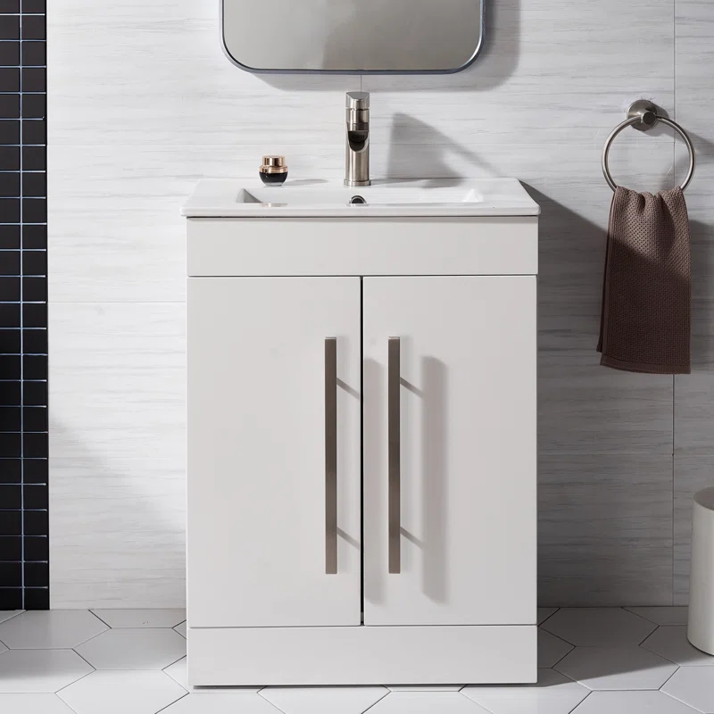 24” White Modern Free-standing 2-Drawer Single Bathroom Vanity Set