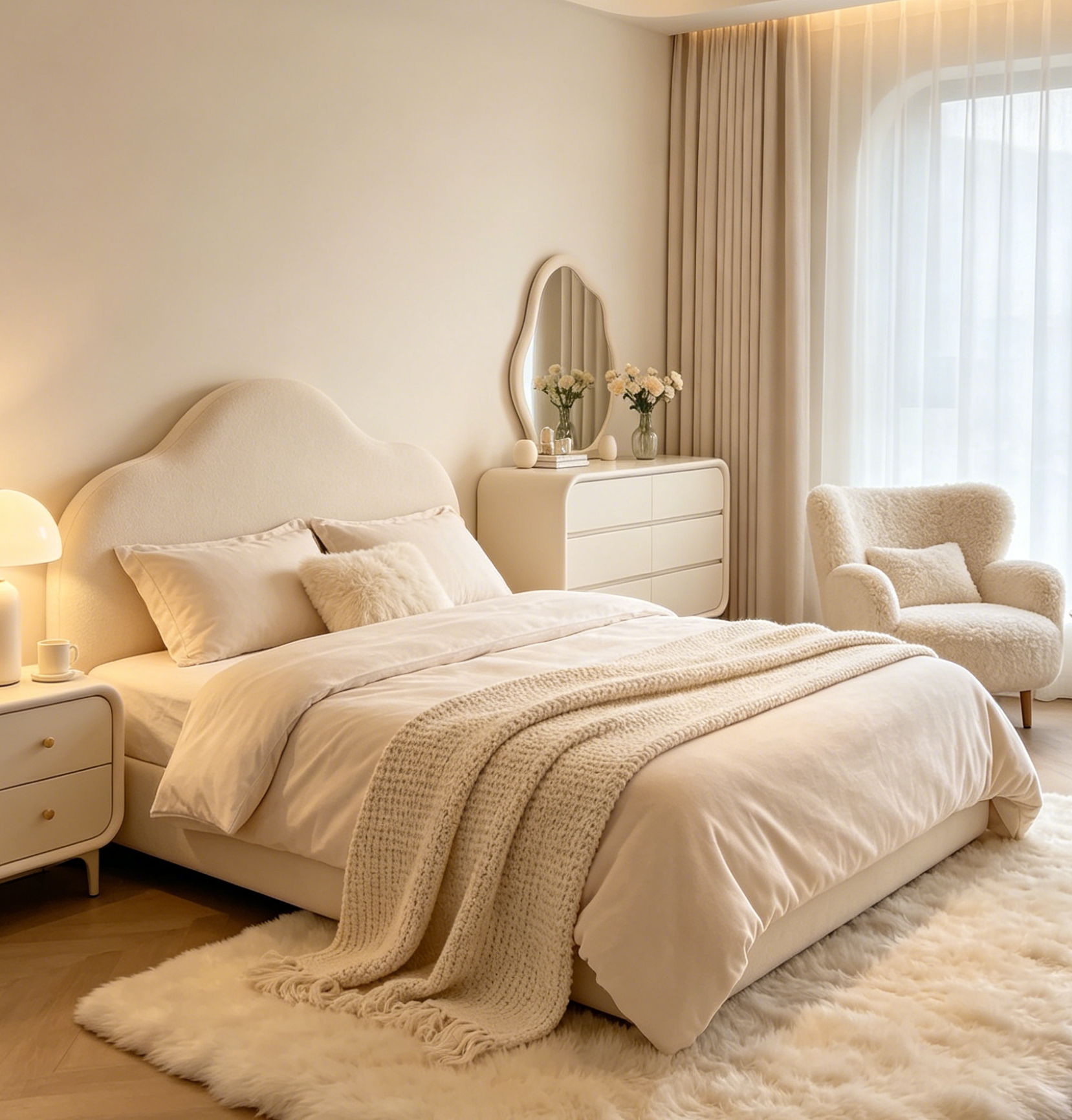 Custom Size Warm Milky White Plush Bedroom Furniture Kit