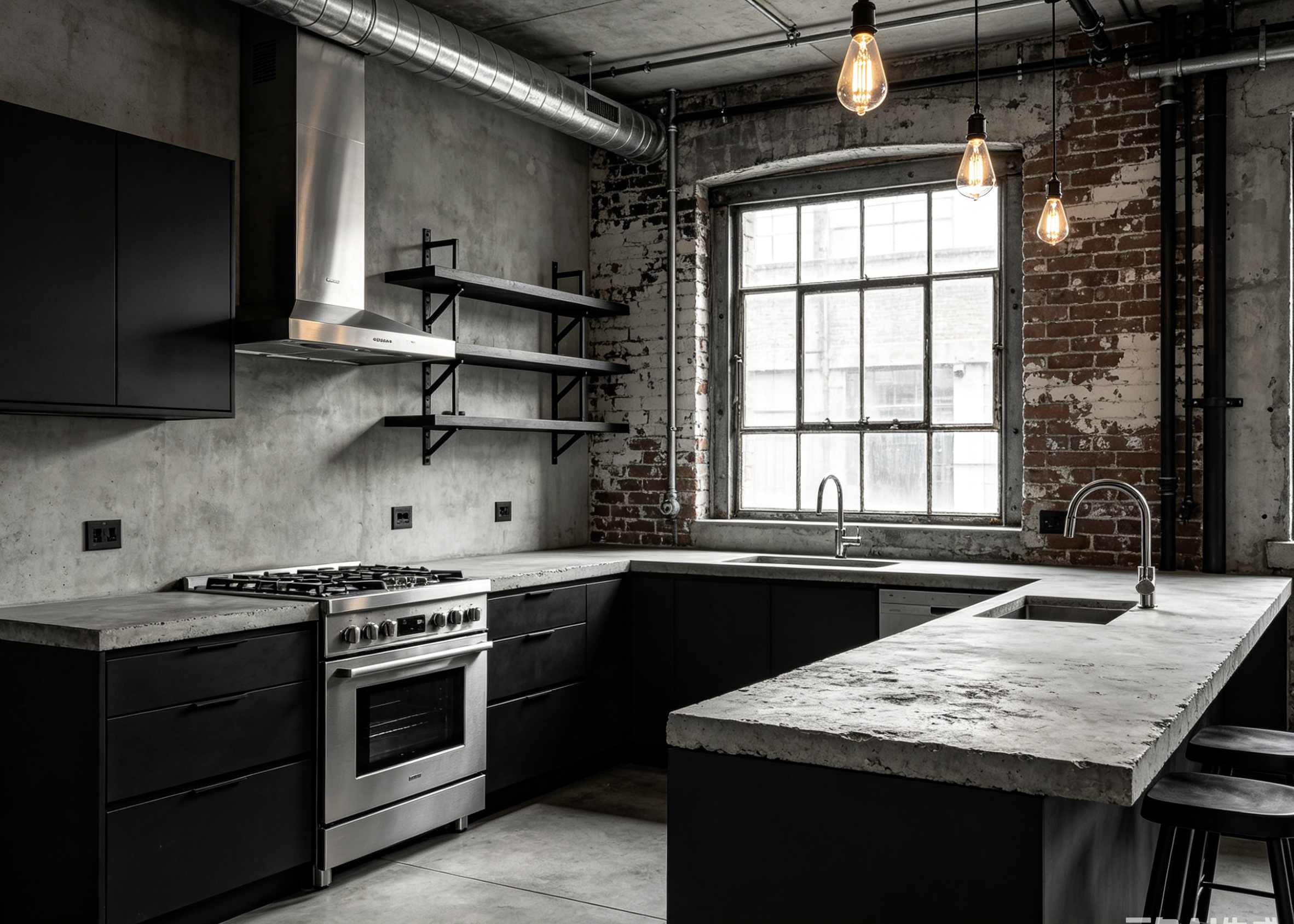 Industrial style kitchen with black cabinets