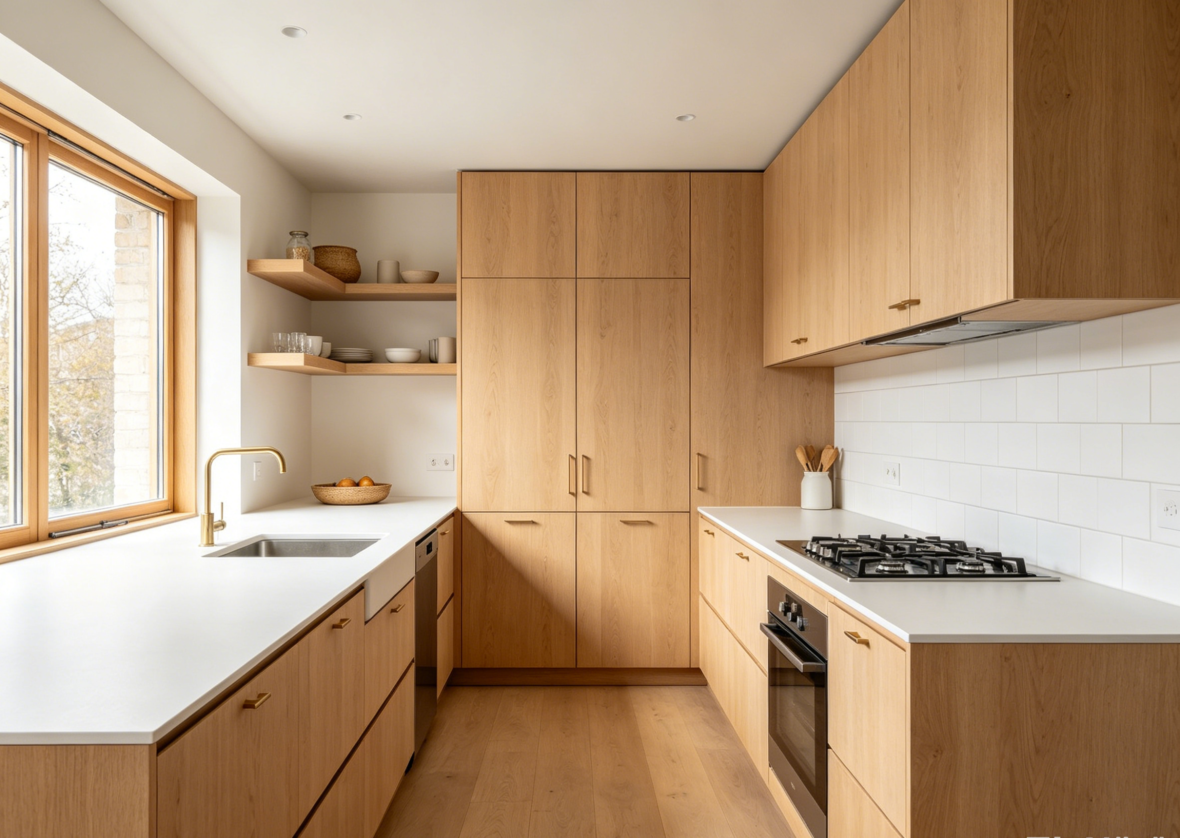 Scandinavian minimalist kitchen with light oak