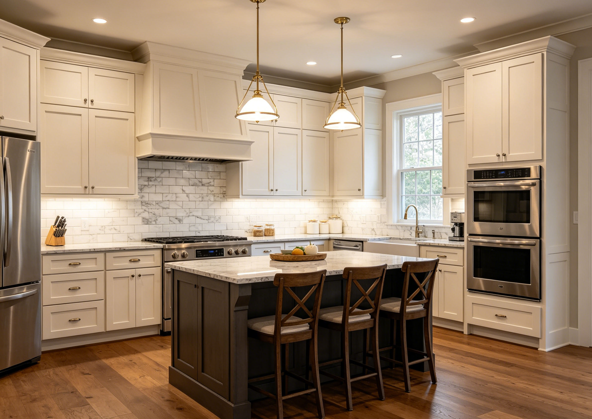 Transitional kitchen with shaker cabinets
