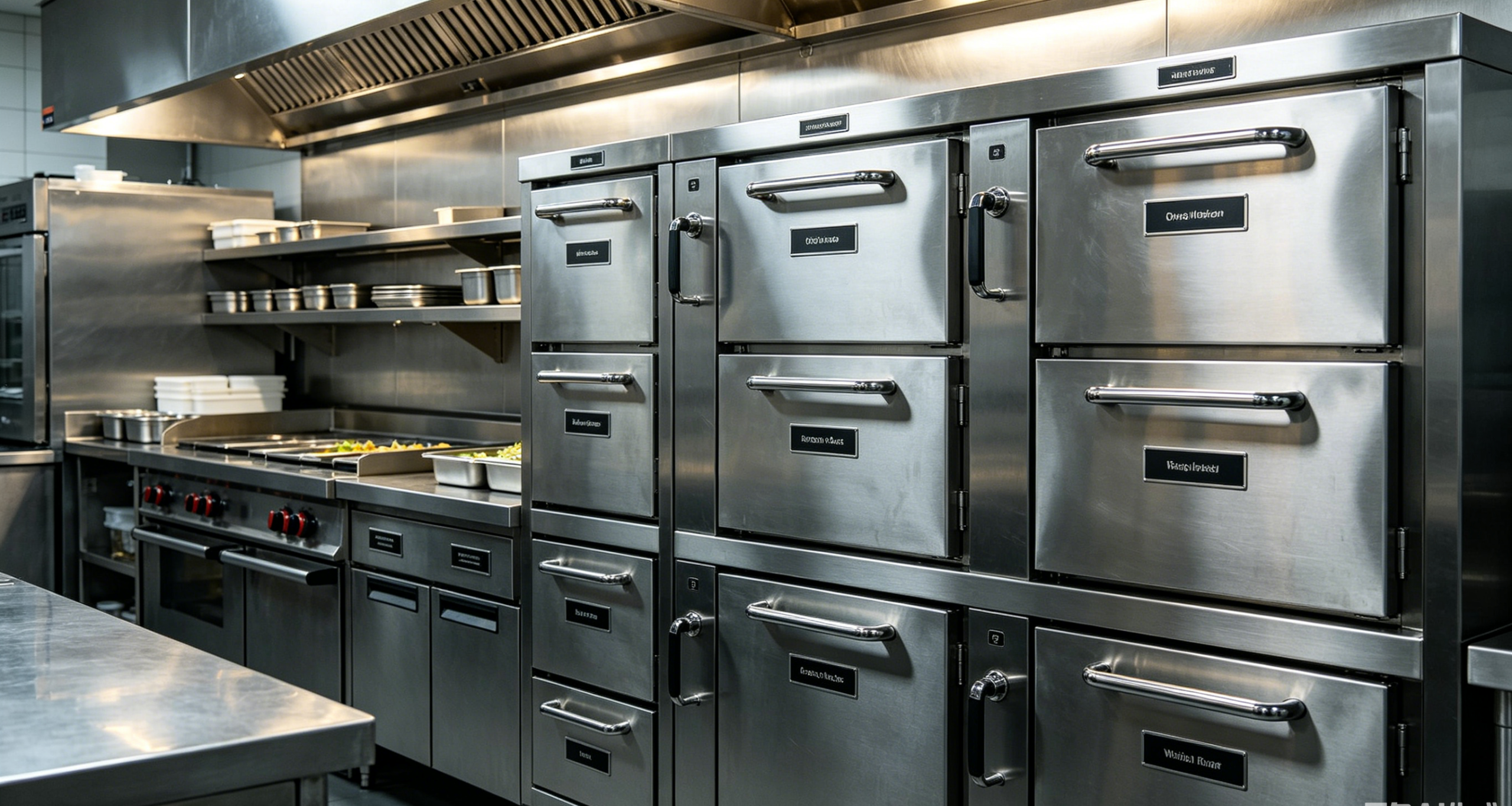 Commercial kitchen with stainless steel custom cabinets