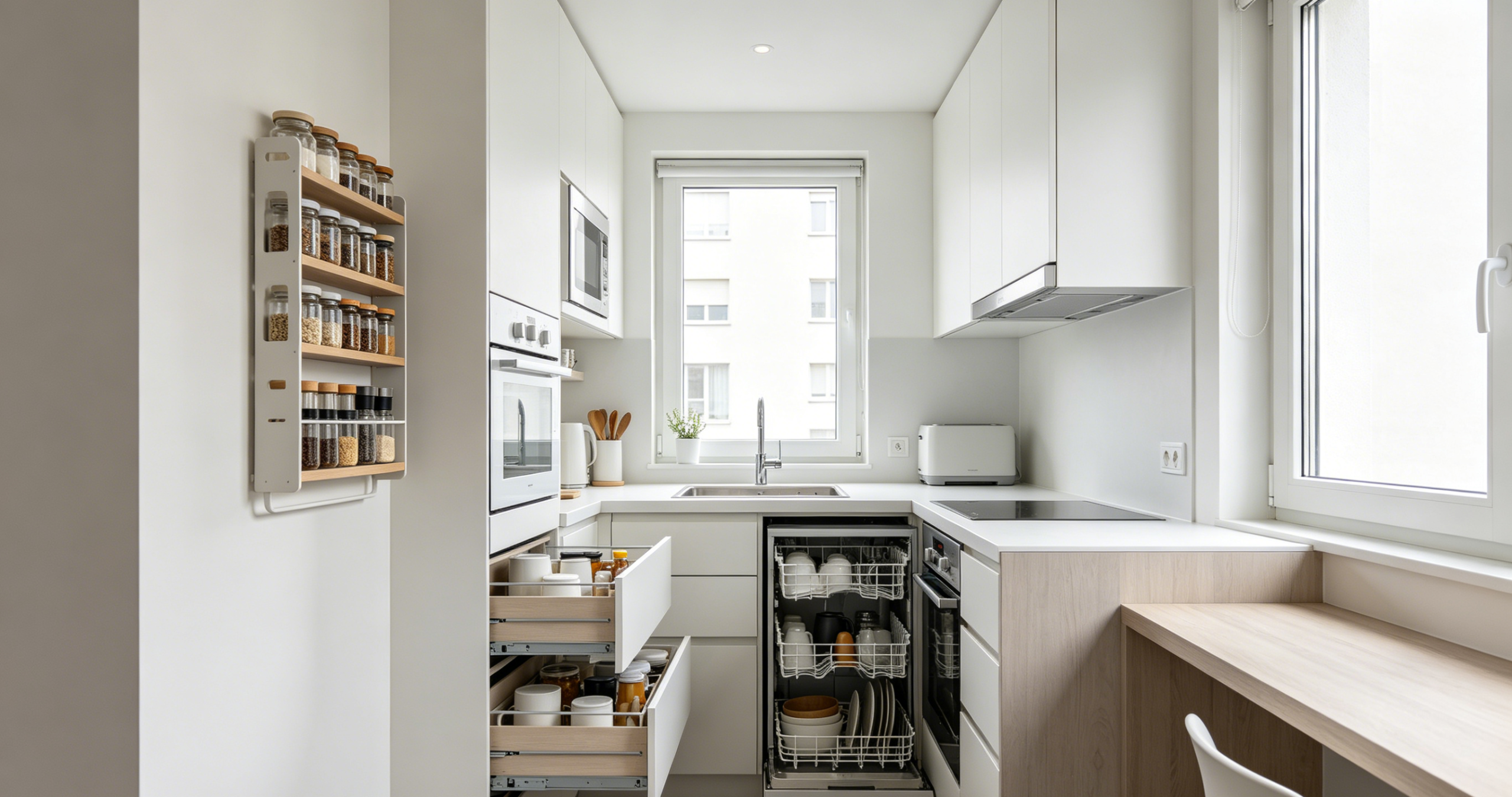 Compact apartment kitchen with space-saving cabinets