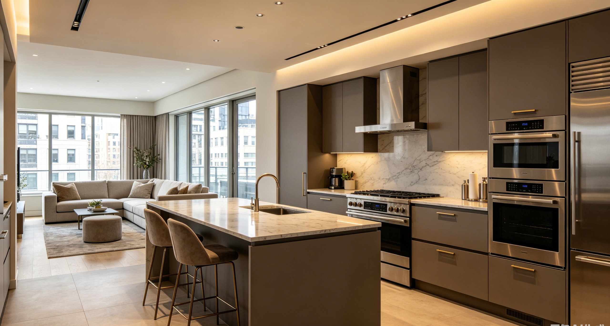 Large home kitchen with L-shaped cabinets and island