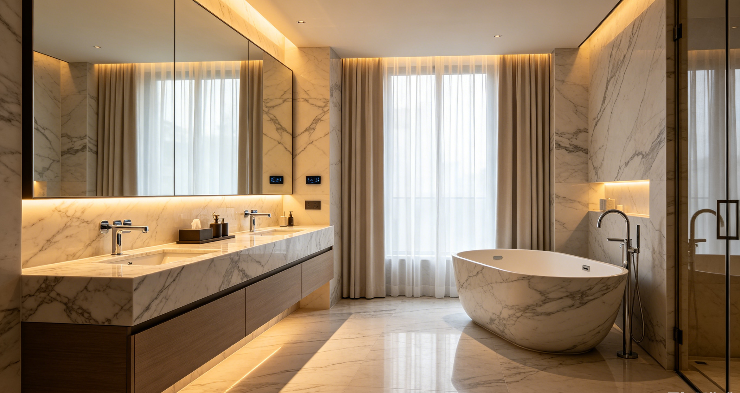 Luxury bathroom with double vanity and smart features