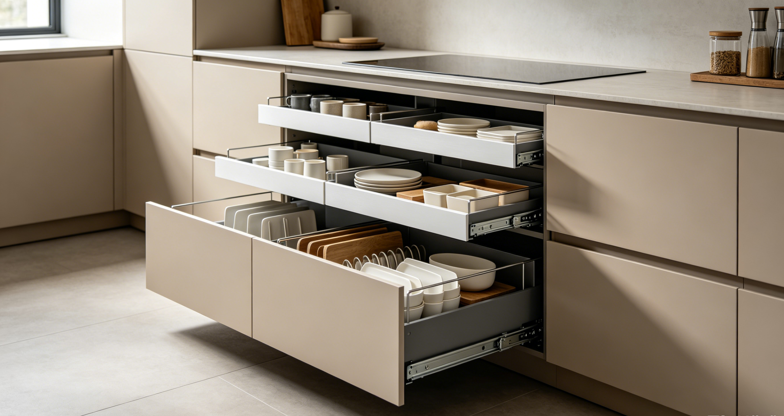 Smart storage custom cabinet system with pull-out drawers