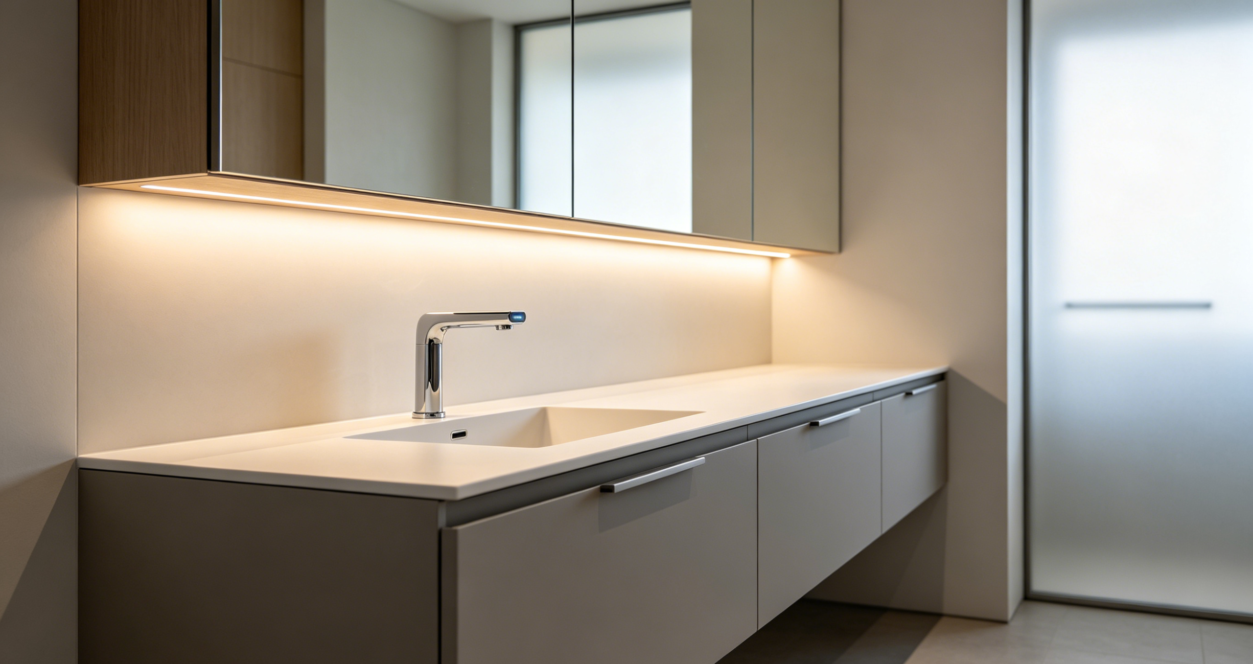 Integrated bathroom vanity with motion sensor faucet