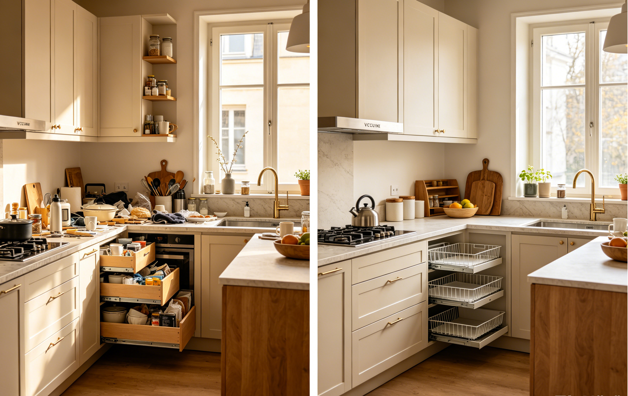 Before and after kitchen storage comparison