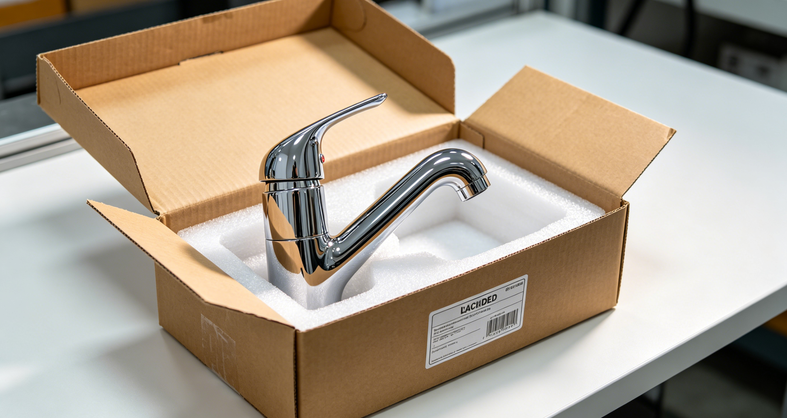 Finished faucet being packaged for shipping