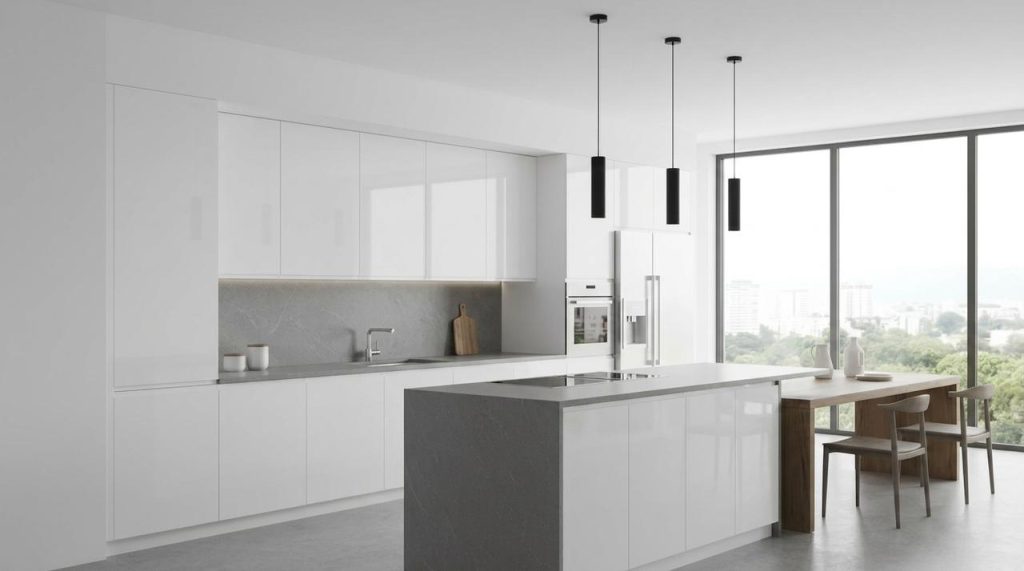Modern Minimalist White Kitchen Cabinet with Island