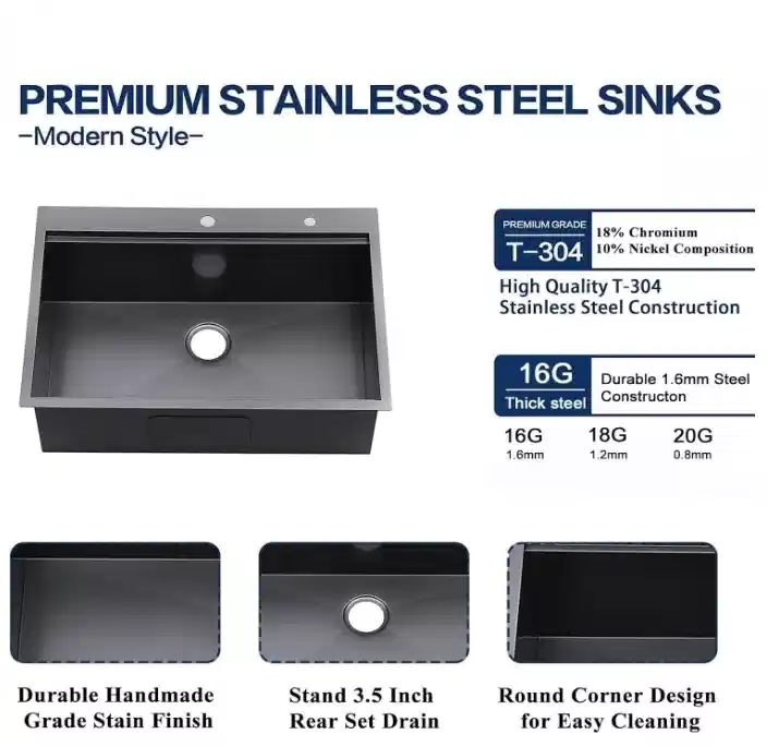 Gunmetal Black Nano PVD Surface Treatment Stainless Steel Sink
