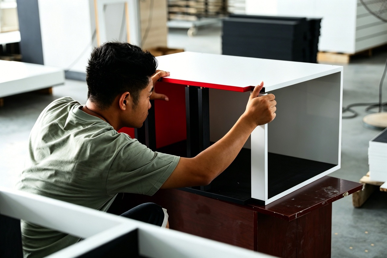 Factory worker assemble finished cabinet carcass unit manually