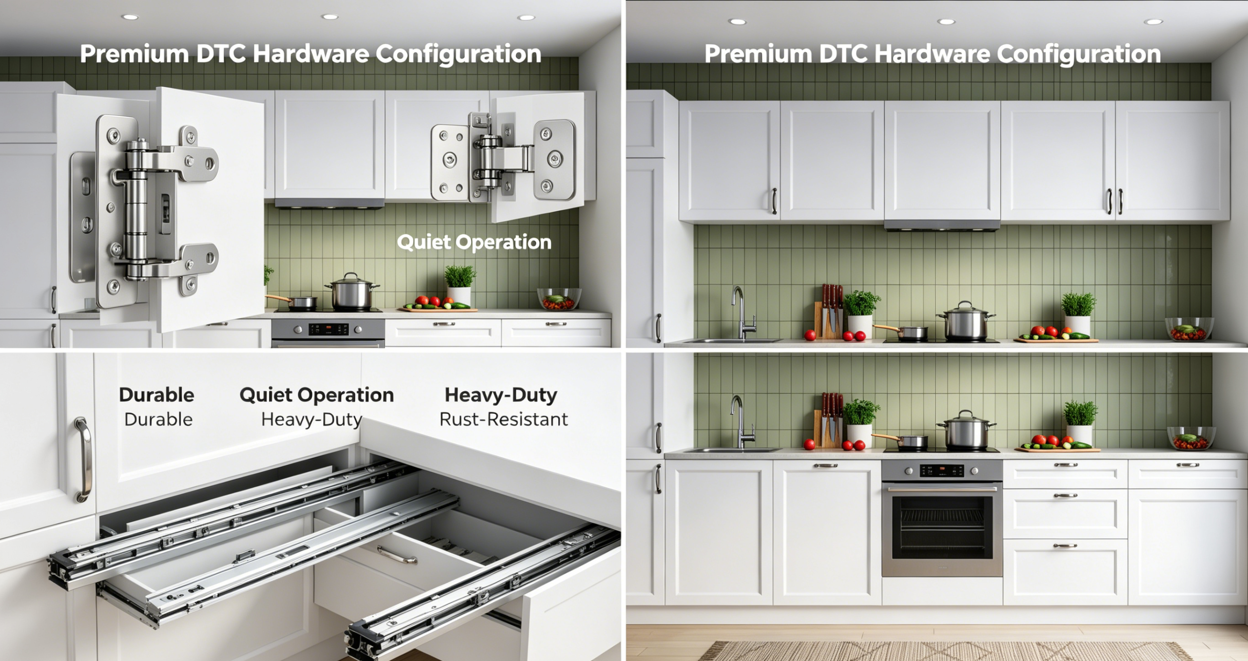 DTC soft close hinges, undermount drawer slides, corrosion test and weight capacity demo