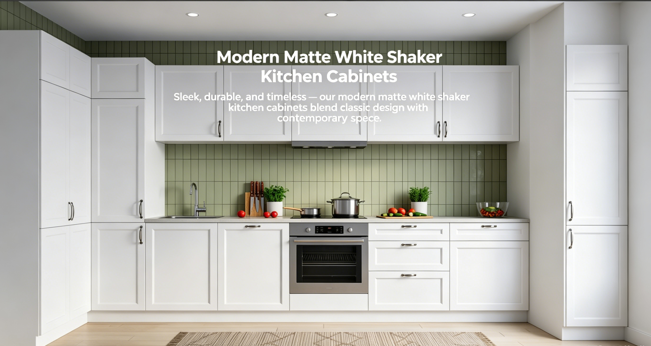 Modern matte white shaker kitchen cabinets with green subway tile backsplash