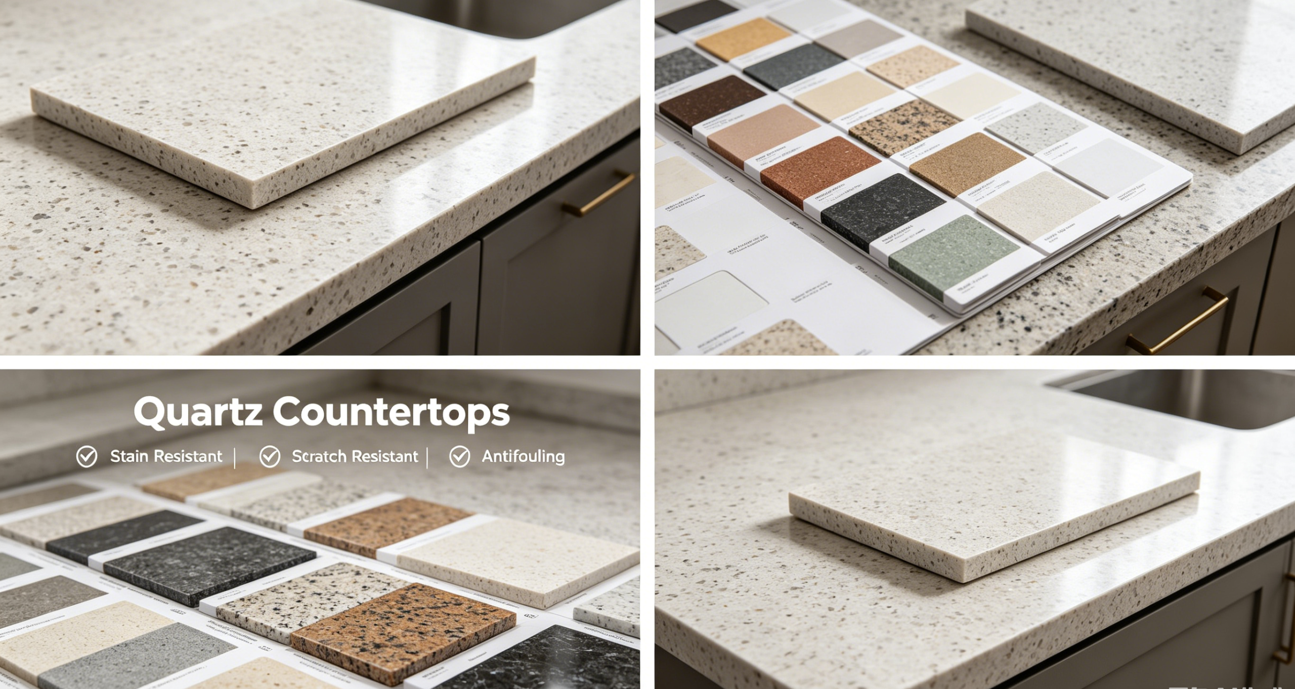 Quartz countertop close-up, color swatches, stain resistance test and edge profiles